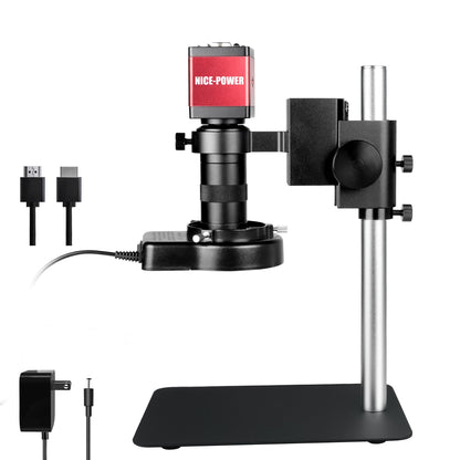 NICE-POWER Digital Microscope with Metal Base, 13MP 1080P HDMI VGA Industrial Microscope Magnifier, 130X Zoom C-Mount HD Lens, LED Ring Light, Soldering Electronic Repair Bench Microscopes