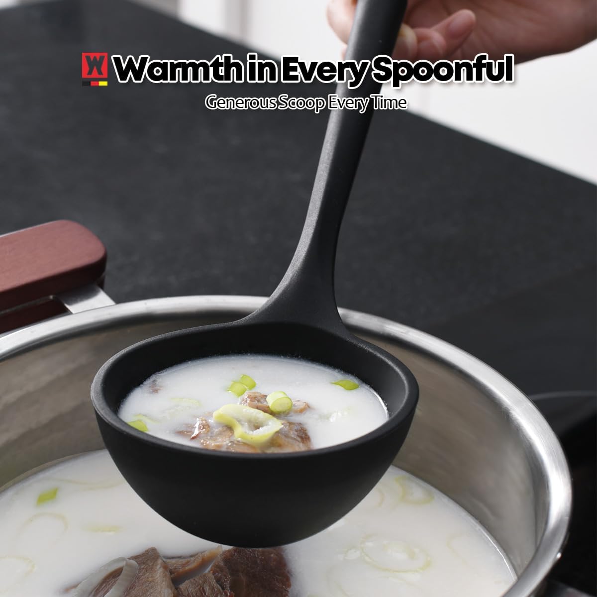 WAGENSTEIGER Set of 2pc Silicone Cooking Utensils: Wooden Handle Ladle + Long Head Serving & Cooking Spoon, Heat Resistant, BPA Free, Scratch-Resistant Surface Design