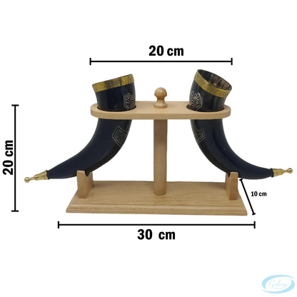 Galaxy Indiacraft Viking Drinking Handmade Natural OX Horn | Tankard | Mug | Cup for Ale, Beer, Mead, Wine | 12 to 15 Inch | 100% Leak Free | with Beautiful Wooden Stand (Set of 2)