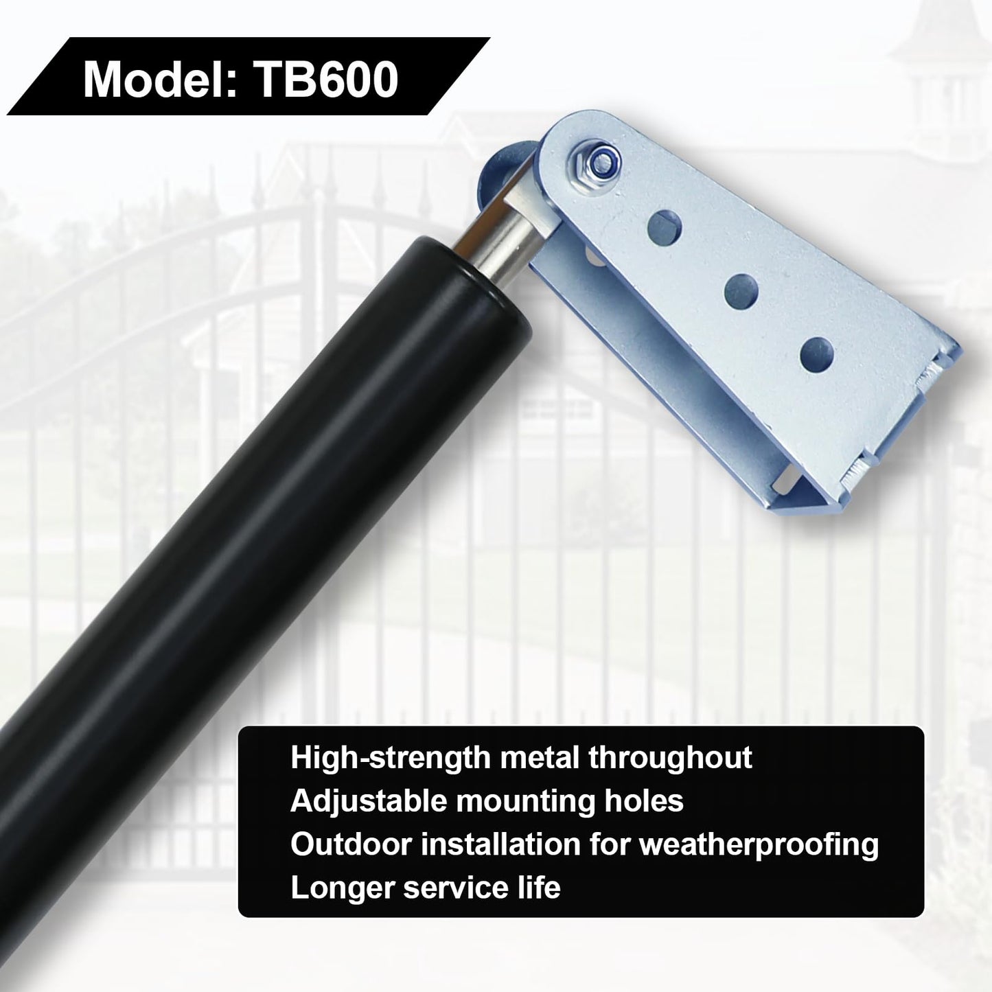 TB600 Hydraulic Outdoor Gate Closer for 150 to 250 lb, Width 44 to 72 Inches. Gates on Farms, Ranches, Gardens, Sports Complexes and Home Yards, Black, Opening Pressure 8 to 18 Pounds