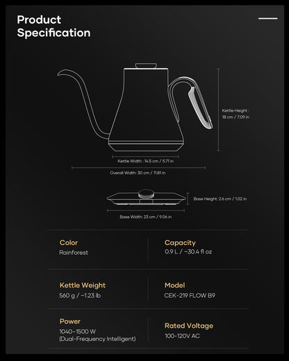 Cocinare Gooseneck Electric Kettle, ±1°F Precise Temperature Control, 1500W Fast Heating, Pour Over Coffee & Tea Kettle with Brew Timer & Keep Warm, Stainless Steel, 0.9L (Rainforest)