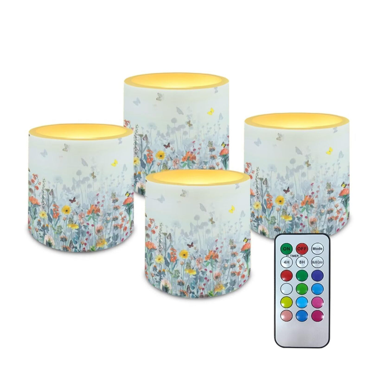 Merkmak 4 Pack Flameless Candles with Remote and Timer Flameless Pillar Tea Lights Bulk for Indoor Outdoor Battery Operated Candles, Butterfly Hibiscus Flower