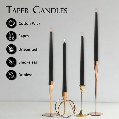 24Pack 10inch Black Taper Candle-Unscented and Smokeless-8hours Long Burning time,Dripless,Ideal for Halloween Taper Candles, Weddings, Dinner,Parties