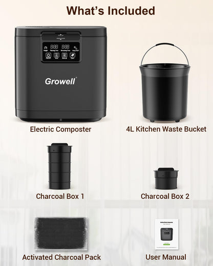 Growell 4L Electric Kitchen Composter, Countertop Compost Bin with Dual Carbon Filters, Visible Window, Auto-Clean, Quiet & Long-Life Upgraded Brushless Motor, Indoor Food Waste Composting Machine