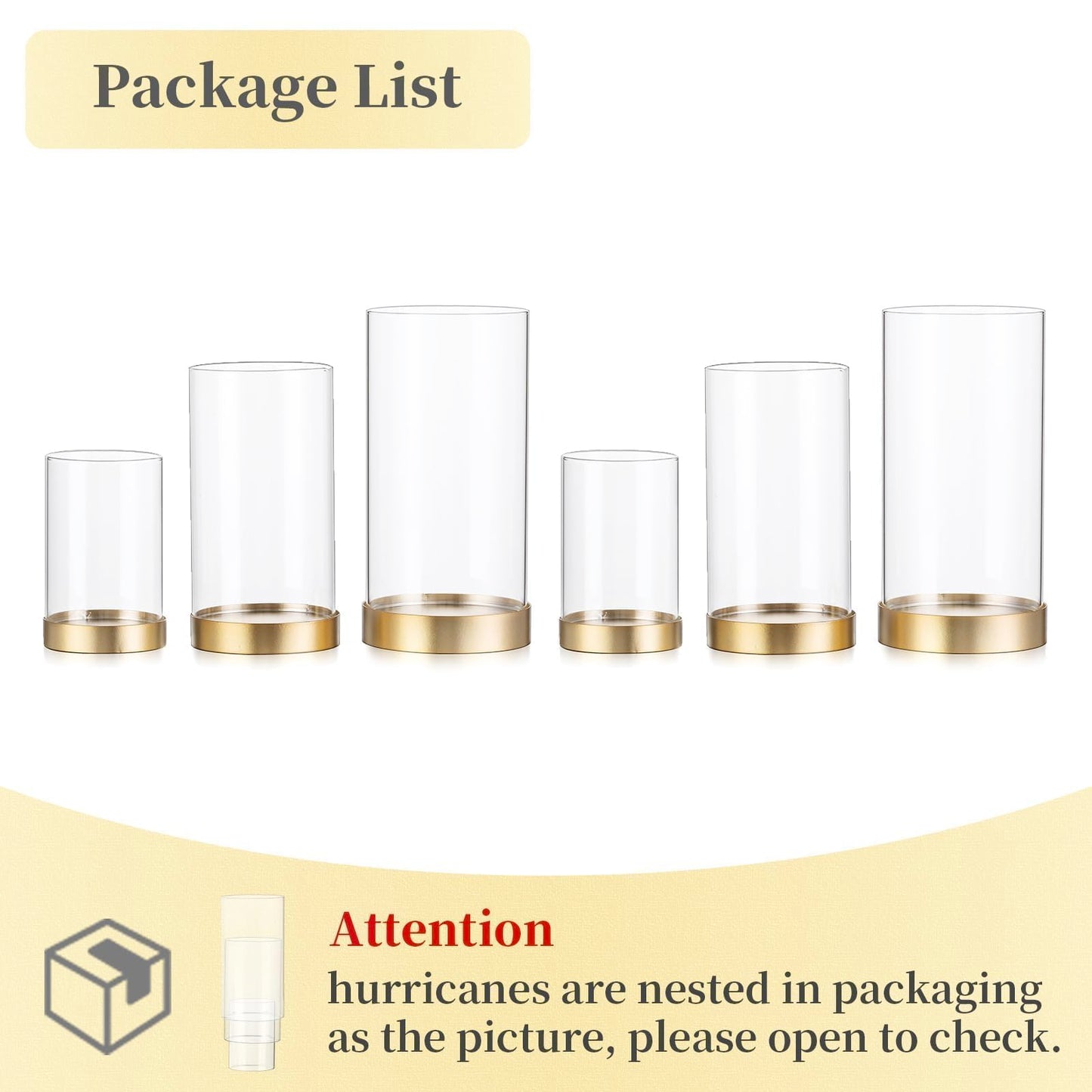 Hewory Hurricane Candle Holder for Pillar Candles: Gold Votive Candle Holders Set of 6, Glass Hurricane with Metal Candle Plate, Pillar Candle Holder for Table Centerpiece Wedding Holiday Home Decor