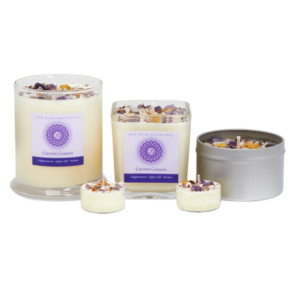 Crown Chakra Candle by New Moon Beginnings - Chakra Candles - Dried Flower, Herb, & Crystal Candles - Aromatherapy Candles - Soy Candle - 12oz Glass Jar