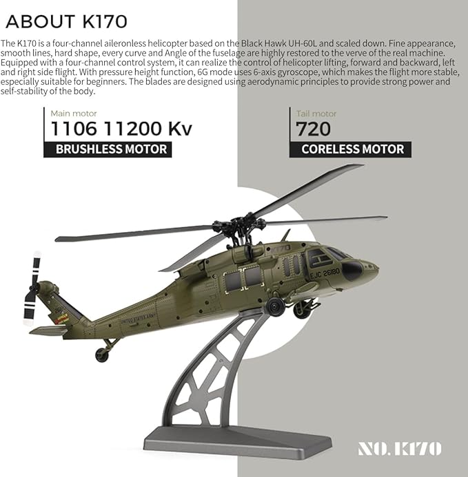 K170 UH60L Remote Controlled Helicopter for Adults RC Aircraft Plane 2.4Ghz 4CH RC Helicopter Heli Aileronless 6-Axis Gyroscope Altitude Hovering (1 Battery)