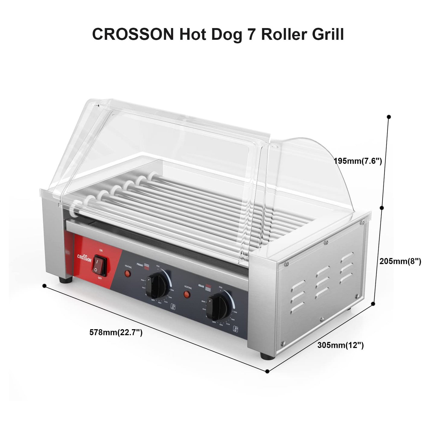 CROSSON Hot Dog 7 Roller Grill Cooker Machine with Transparent Sneeze Guard,7 Nonstick 304SS Rollers and Dual Temp Control,Commercial Hot Dog Cooker Machine-120V, 1050W