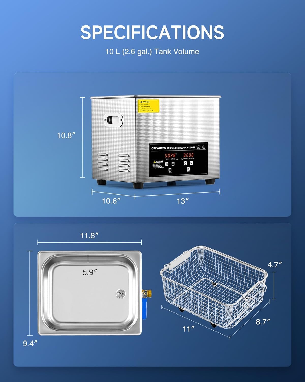 CREWORKS 10L Digital Ultrasonic Cleaning Machine with Heater & Timer, 240W Stainless Steel Ultrasonic Washing Machine, 2.6 gal Sonic Parts Cleaning Machine for Jewelry Glasses Auto Tool Machine Part