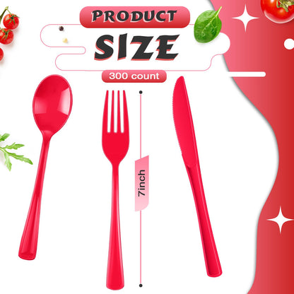 300 Pcs Plastic Silverware Heavy Duty Cutlery Set Plastic Utensils Set Includes 100 Disposable Spoons 100 Forks Knives for Parties Catering Family Gathering(Red)