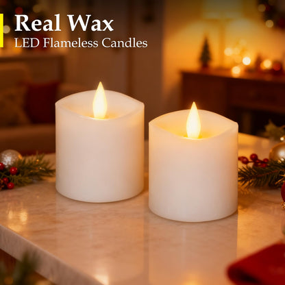 Woocodowe Flickering Flameless Candles Battery Operated with Remote Timer - Realistic 3D Moving Flame Candles, 600+ Hours Long-Lasting White LED Wax Candles for Wedding Home Decor, 3x3 Inch Set of 2