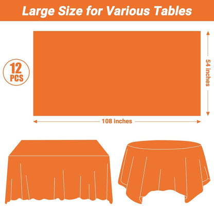 QZYL 12 PCS Orange Rectangle Table Cover, Disposable Plastic Table Cloth Rectangle, 54 X 108 in Decorative Smooth Table Cloth for Picnic Table Birthday Parties Weddings Outdoor Celebrations