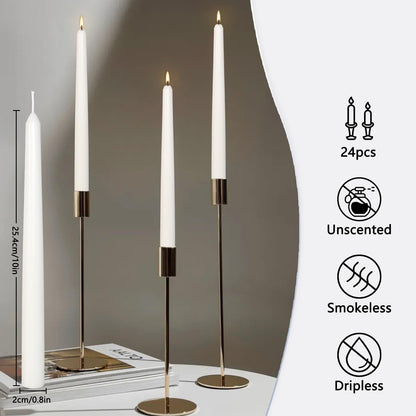 24Pack 10inch White Taper Candles- Dripless, Smokeless and Unscented candle-Long burning 8-9 Hours for home décor, Candlesticks, Dinner Table, Halloween,Vigil, Advent, Christmas, Thanksgiving, Kwanzaa