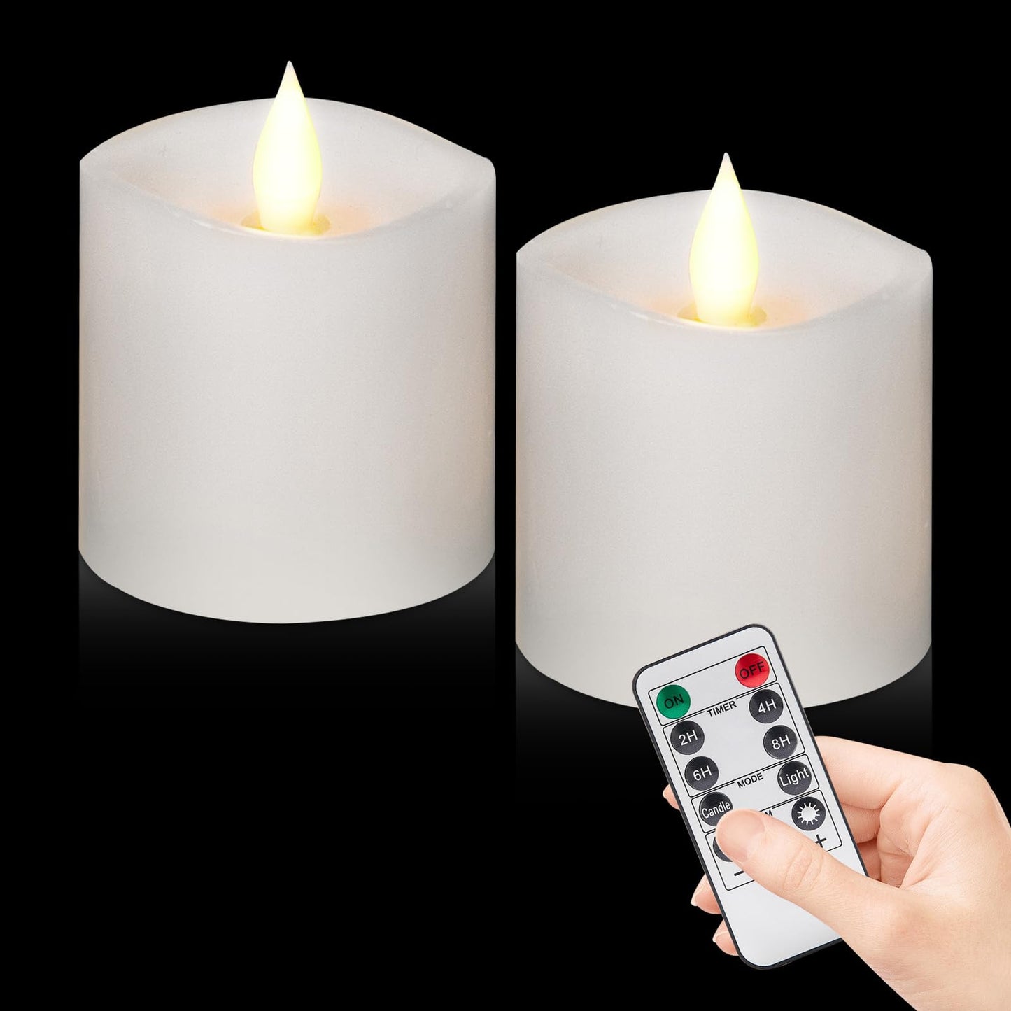 Woocodowe Flickering Flameless Candles Battery Operated with Remote Timer - Realistic 3D Moving Flame Candles, 600+ Hours Long-Lasting White LED Wax Candles for Wedding Home Decor, 3x3 Inch Set of 2