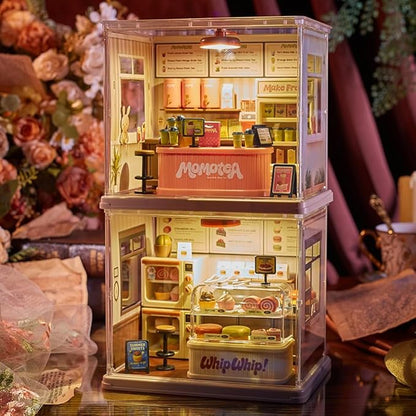Bear Dessert Bakery DIY Miniature House Building Toy Dollhouse Set with LED Creator Playset Suitable for Mini Figures Construction Toys Diorama Kit Gifts for Adults