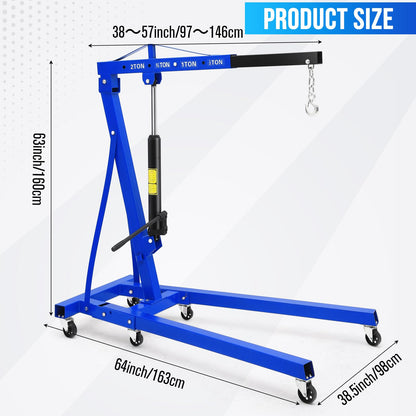 Hydraulic Engine Hoist with Lever 2 Ton (4400LB), Heavy Duty Folding Shop Crane w/ 6 Swivel Casters & Telescopic Boom, Adjustable Lifting for Engines, Transmissions | Garage, Workshop, Factory, Blue