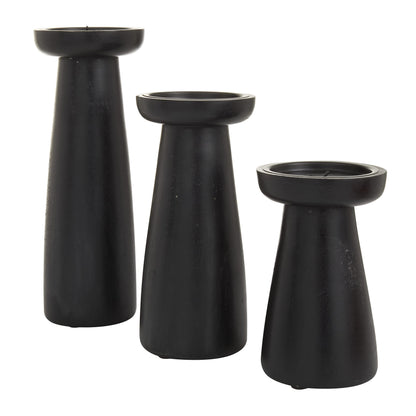 Deco 79 Mango Wood Decorative Candle Holder Pillar Candle Stand, Set of 3 Candlestick Holder 10", 6", 8" H, Black