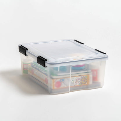 IRIS USA WeatherPro 31 Qt Storage Bins with Lids, 6 Pack, BPA-Free Plastic Gasket Box with Tight Latch and Seal, Stackable Nestable Tote Tub - Clear/Black