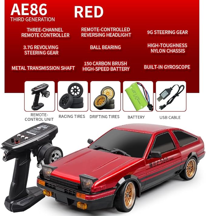 1:18 AE86 Model LD1801 RC Drift Car 1/18 2.4G Remote Control on Road ESP Gyroscope LED Mini RC Racing Cars (Red)