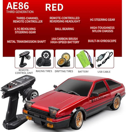 1:18 AE86 Model LD1801 RC Drift Car 1/18 2.4G Remote Control on Road ESP Gyroscope LED Mini RC Racing Cars (Red)