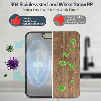 Stainless Steel Cutting Board - Double-Sided 304 Stainless & Wheat Straw | Non-Slip, Easy to Clean, Dishwasher Safe (16 x 11 In)