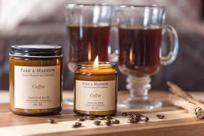 Park & Madison Coffee Soy Candle - Fresh Brewed Coffee Scented Candle | Hand-Poured Candle in Amber Jar with Black Lid | Phthalate-Free, Eco-Friendly Soy Wax | Non-Toxic Organic(4 oz)