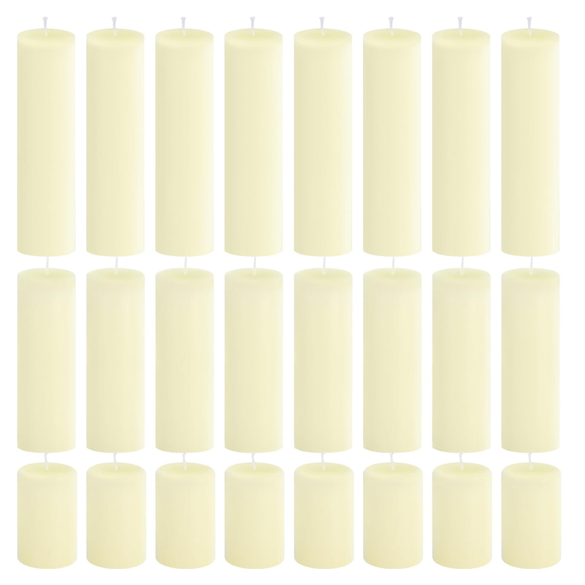 CHICERA 24-Pack Ivory Unscented Pillar Candle Set - 2x3, 2x6, 2x8-inch Long-Burning Drip-Free Tapers, 8 Per Size. Ideal for Home Decor, Weddings, Emergencies, and Holidays.