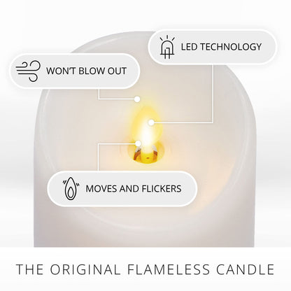 Luminara Realistic Moving Flame LED Candle (3"x8.5") Scalloped Edge Smooth Finish Real Wax Pillar, Battery Operated (2 C) 600 Hr Runtime, Timer, Remote Ready, Unscented - White