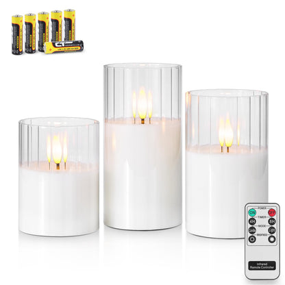 Rhytsing Clear Ribbed Glass Battery Operated LED Candles with Remote, White Flameless Candle Gift Set with Timer for Weddings and Churches, Warm White Light- 6 Batteries Inclued - Set of 3