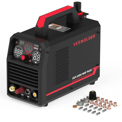 YESWELDER Multifunctional CUT-55DS NHF PLUS Plasma Cutter, Non-High Frequency Non-Touch Pilot Arc 4-In-1 Plasma Cutting Machine & 24Pcs Plasma Cutting Torch Consumables Set