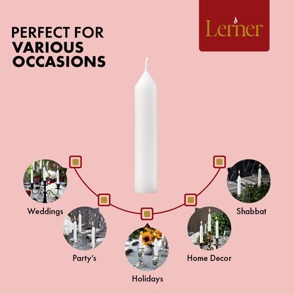 Lerner White Household Candlesticks, Pack of 72 | 3-Hour Burning Time | 4 Inch Tall Dinner Candles | 100% Dripless | Shabbat Candles | Candlesticks for Holidays, Churches, Décor, Emergencies