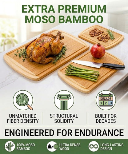 Greener Chef Luxury XL Bamboo Cutting Board Set of 3 with Vertical Grain Strength Technology - Extra Large Wood Cutting Boards for Kitchen and Lightweight Chopping Board Set - Replacements for Life