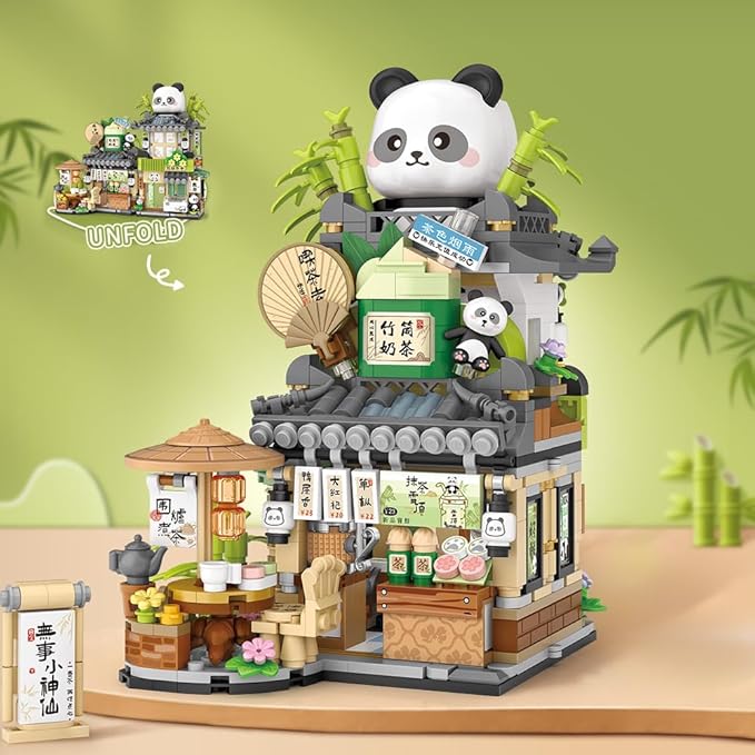 MindBox City Tea House Building Blocks Set Openable Panda Construction Tea Shop Building Toys for Boys Girls Age 8+ 860pcs Mini Bricks