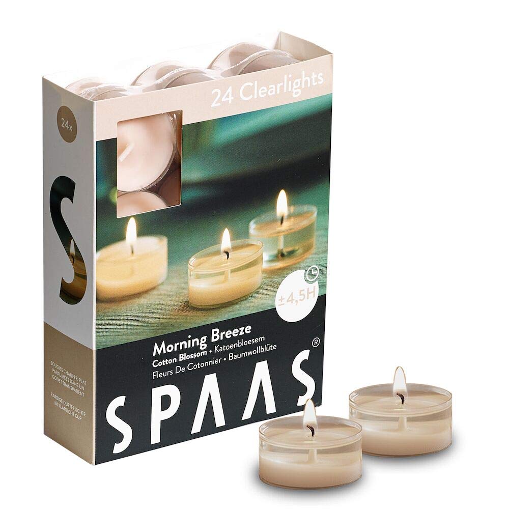 Spaas 24 Scented Clearlights, Tealights in Transparent Clear Cup, ± 4.5 Hours, Morning Breeze