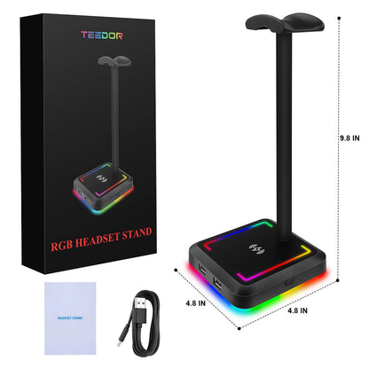 Headphone Stand with Wireless Charger Gaming Headset Holder with 10W/7.5W QI Charging Pad & 2 USB Charger Ports for Desktop PC Game Accessories