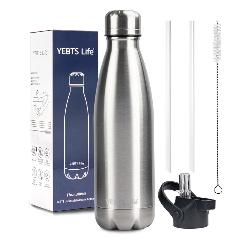 Insulated Water Bottle,17oz Stainless Steel Water Bottles with straw lid, Metal Sports Water Bottles for Boys,Girls, Double Wall Vacuum BPA-Free Flask for School, Sports(SLIVER)