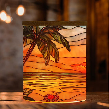 Stained Glass Seascape Tea Light Candle Jar for Home Decoration, Flowers Tealight Candle Holders with Bamboo Lid, Palm Trees Candle Candlestick for Thanksgiving Christmas Birthday
