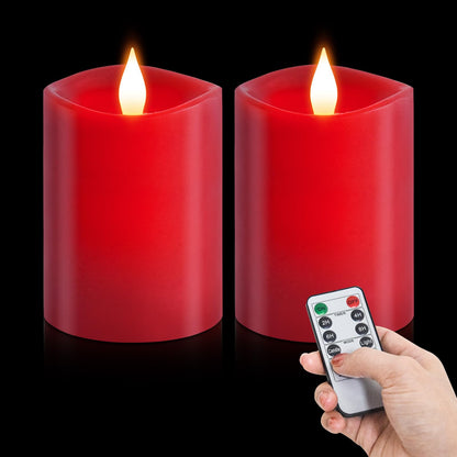 milysoek 3x4 Flickering Flameless Candles Set of 2,Real Wax led Candles Flickering,with Timer,4 inch Flameless Candles with Remote,Battery Operated Candles,for Party Wedding Holiday Home Decor,Red