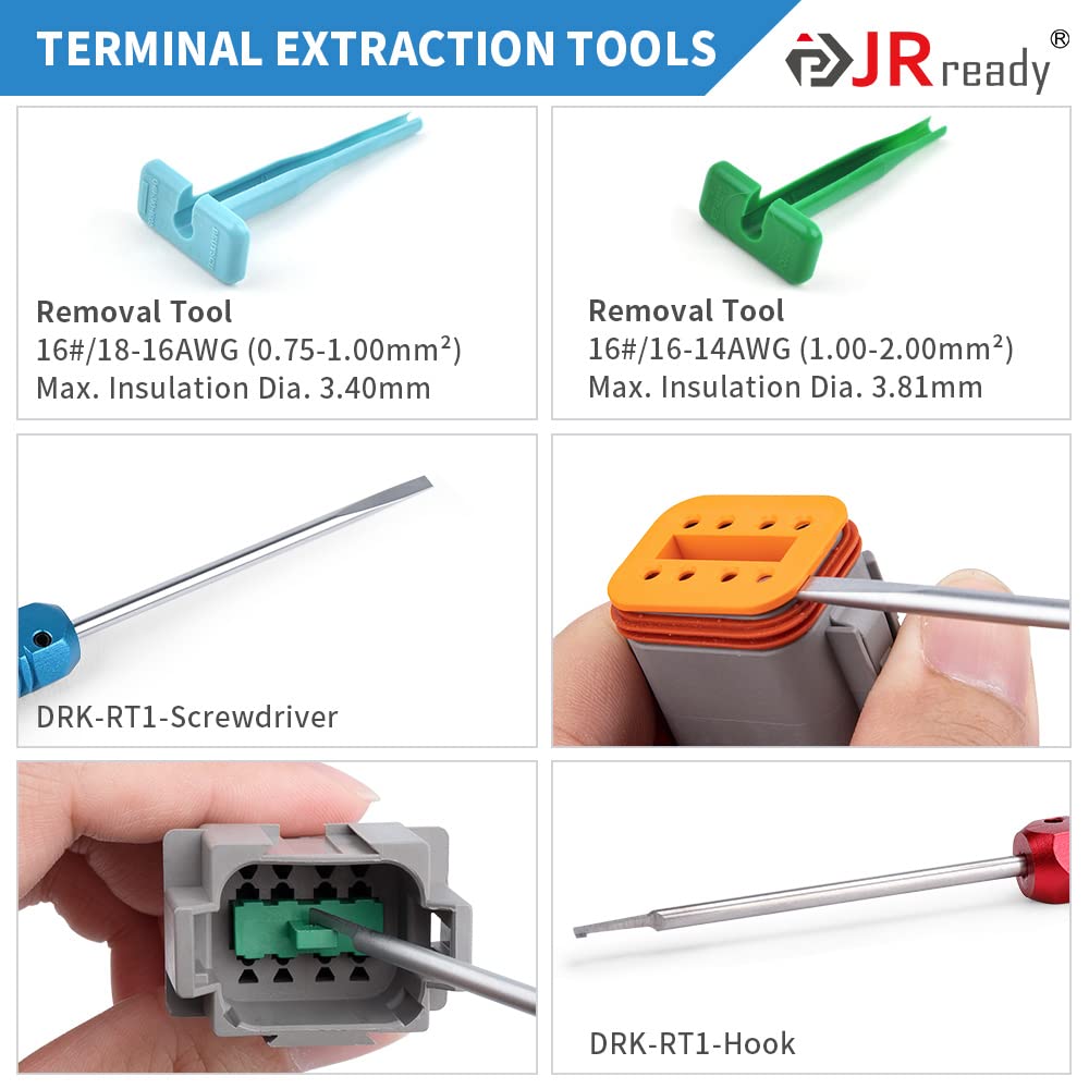 JRready ST6308 Deutsch Connector Kit, Waterproof DT Connector 2 3 4 6 8 12 Pin, Size 16 Solid Contacts, DT2 Crimper Equivalent to Deutsch Crimp Tool HDT-48-00, 12-22AWG, 417PCS