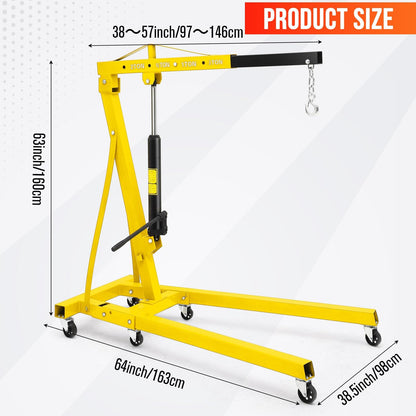 GarveeLife 2-Ton Folding Hydraulic Engine Hoist, Shop Crane with Telescopic Boom & 6 Casters, 4400 Lbs Foldable Cherry Picker Lift for Home Garage, Workshop, Warehouse, Heavy-Duty, Yellow