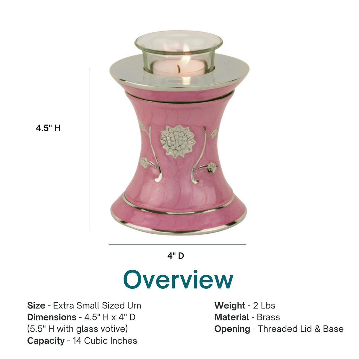 Grace Dark Pink Tealight Cremation Urn for Ashes, Brass Memorial Candle, Pink Urn, Extra Small Sized, 5.5 Inches High