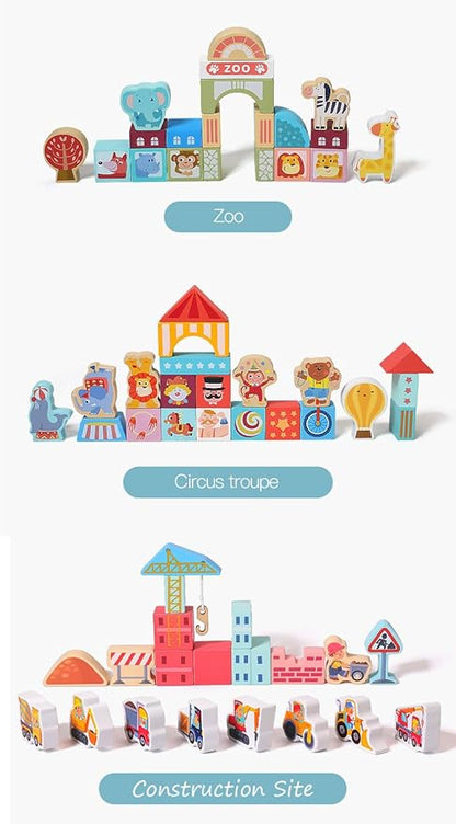 181pcs 'Streetscape' Wooden Building Block Set for Toddlers Jigsaw Puzzle City Map 11 Buildings (3 Extra Bonus: Circus Zoo &amp Construction Site) Preschool Learning Educational Toys