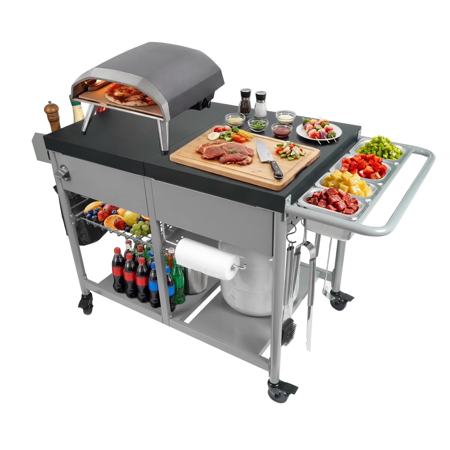 Pizza Oven Table Heavy Duty Outdoor Grill Cart for Blackstone 17/22 Inch Griddle Metal Prep Station fits Ninja Woodfire Ooni BBQ Worktable with Trash Holder Propane Storage Mesh Shelves Black