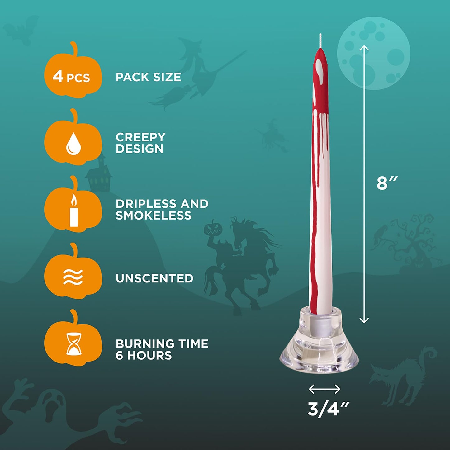 CANDWAX 8 inch Blood White Taper Candles Set of 4 - Smokeless Dripless Scentless Candlesticks - Perfect as Halloween Décor and as Household Dinner Table Centerpiece Candle Sticks