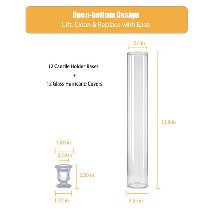 Glass Hurricane Candle Holders – 12 Clear Cylinder Covers & 12 Taper Candlestick Holders, 2.6" D x 13.8" H Windproof Candle Holders for Wedding, Patio Table, Outdoor Christmas Party Décor (12)