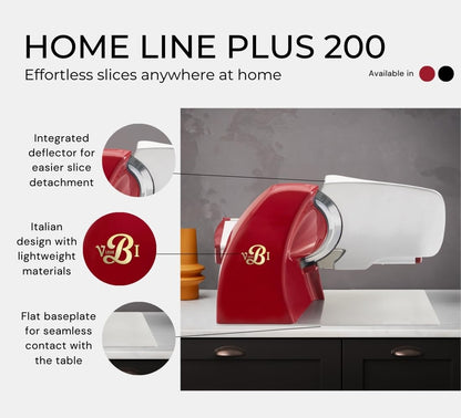 VBI Milano 1898 Home Line Plus 200 Food Slicer | 8-inch Chromed Steel Blade | Adjustable Thickness | Premium Electric Slicer for Prosciutto, Cold Cuts, Cheese, Bread, Veggies and more (Red)