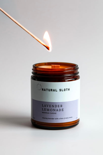 Natural Sloth Lavender Lemonade Beeswax Candle – 9 oz, Pure Essential Oils, Non-Toxic, Made Safe® Certified, Wooden Wick, Clean Burning.