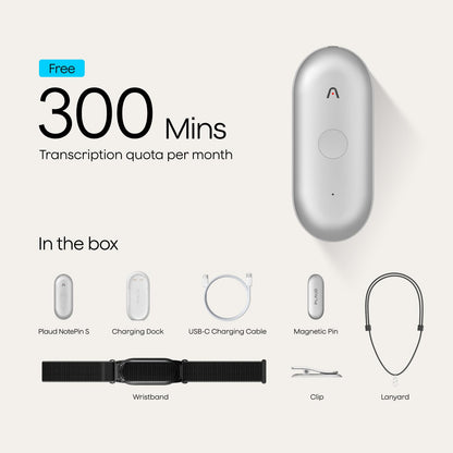 Plaud NotePin S AI Voice Recorder, Wearable AI Notetaker, AI Transcribe & Summarize, Support 112 Languages, 64GB Audio Recorder for Meetings Interviews, Professionals, Teams, with 4 Accessories