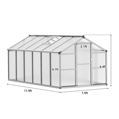 8x12 FT Greenhouse, Easy Assembly Aluminum Polycarbonate Greenhouses for Outdoors with Roof Vent, Large Aluminum Walk-in Greenhouse for Sunroom Patio, Backyard, Garden, Sliding Lockable Door, Silver
