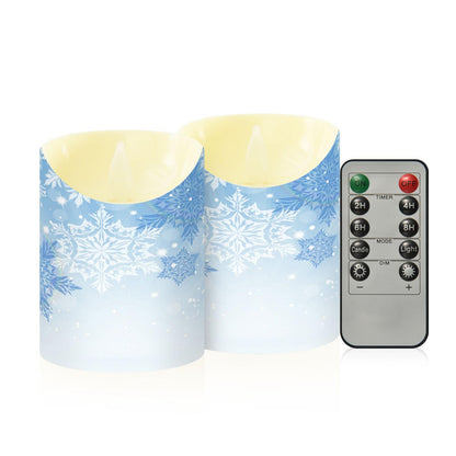 Christmas Flameless Candles Set of 2 Blue Snowflakes Realistic LED Candles with Remote Battery Operated Holiday Decorations